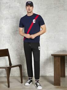 Manfinity VCAY 男士字母圖案腰部抽繩衛褲 - 黑色 - 查看 4