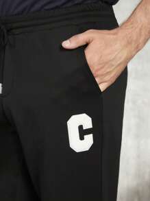 Manfinity VCAY 男士字母圖案腰部抽繩衛褲 - 黑色 - 查看 6