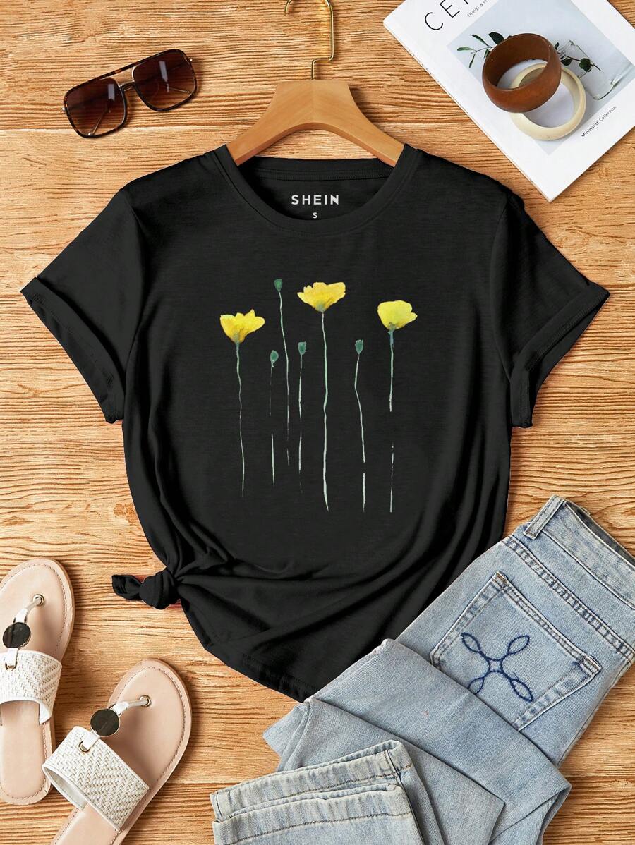 SHEIN LUNE 印花T恤 - 黑色 - 查看 1