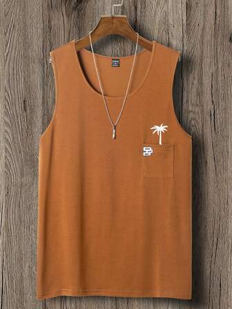 Manfinity Chillmode 男士椰子樹圖案補丁貼口袋背心上衣