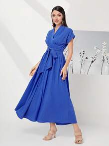 Modelyn Bông 100% Chất rắn Thắt lưng Áo choàng mặt trước Đầm - Màu xanh lam - Xem 3