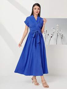 Modelyn Bông 100% Chất rắn Thắt lưng Áo choàng mặt trước Đầm - Màu xanh lam - Xem 4