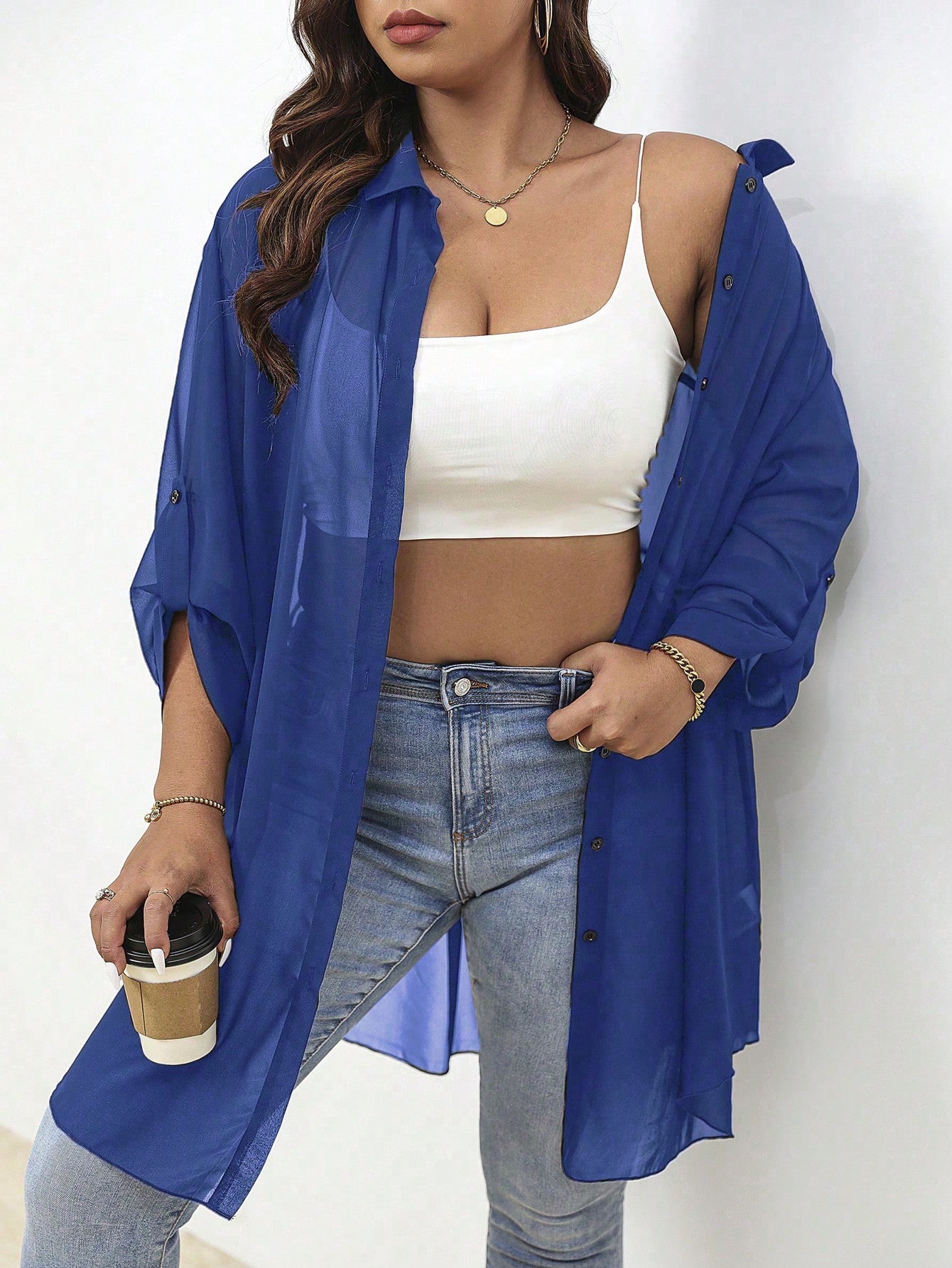 SHEIN Essnce Plus Roll Tab Sleeve Button Front Shirt SHEIN USA