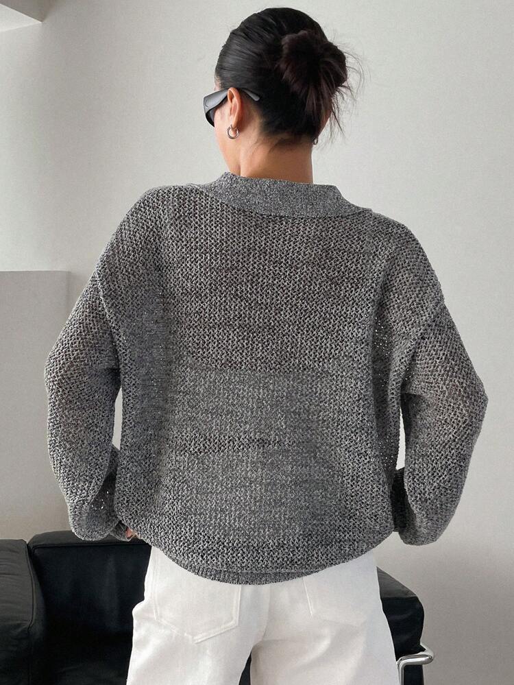 Polo Neck Drop Shoulder Sweater,Fall Clothes