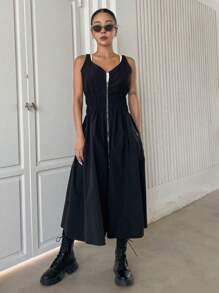 DAZY Dây kéo Eo Ruched Đầm - màu đen - Xem 1