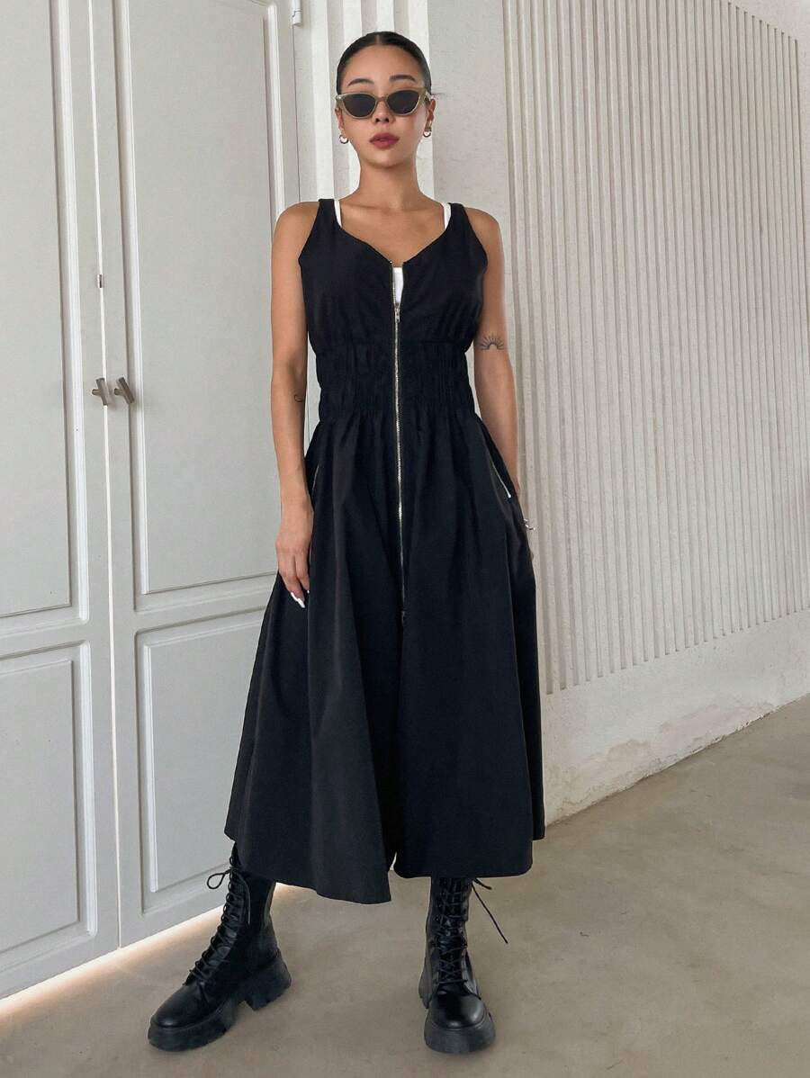 DAZY Dây kéo Eo Ruched Đầm - màu đen - Xem 1
