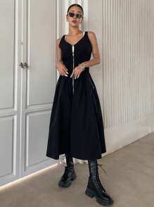 DAZY Dây kéo Eo Ruched Đầm - màu đen - Xem 3