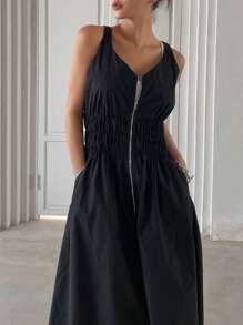 DAZY Dây kéo Eo Ruched Đầm - màu đen - Xem 4