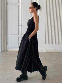 DAZY Dây kéo Eo Ruched Đầm - màu đen - Xem 6