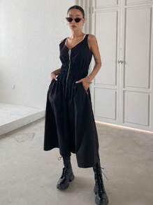 DAZY Dây kéo Eo Ruched Đầm - màu đen - Xem 7