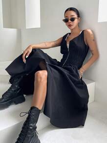 DAZY Dây kéo Eo Ruched Đầm - màu đen - Xem 8
