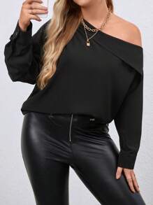 SHEIN Essnce 大碼不對稱領襯衫 - 黑色 - 查看 1