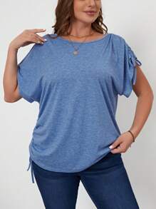 SHEIN LUNE 大碼側抽繩蝙蝠袖T恤 - 藍色 - 查看 1