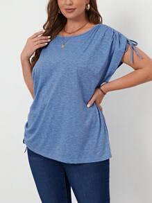 SHEIN LUNE 大碼側抽繩蝙蝠袖T恤 - 藍色 - 查看 5