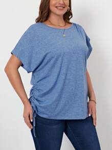 SHEIN LUNE 大碼側抽繩蝙蝠袖T恤 - 藍色 - 查看 6