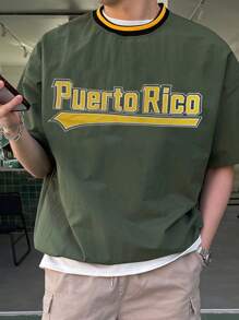 DAZY Men Back To School 1pc Letter Graphic Striped Trim Drop Shoulder Tee - Green - View 3