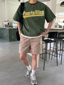 DAZY Men Back To School 1pc Letter Graphic Striped Trim Drop Shoulder Tee - Green - View 4