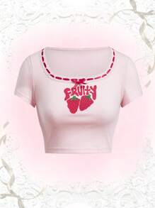 SFCHICKY Strawberry Print Bow Decor Crop Tee - Pink - View 1