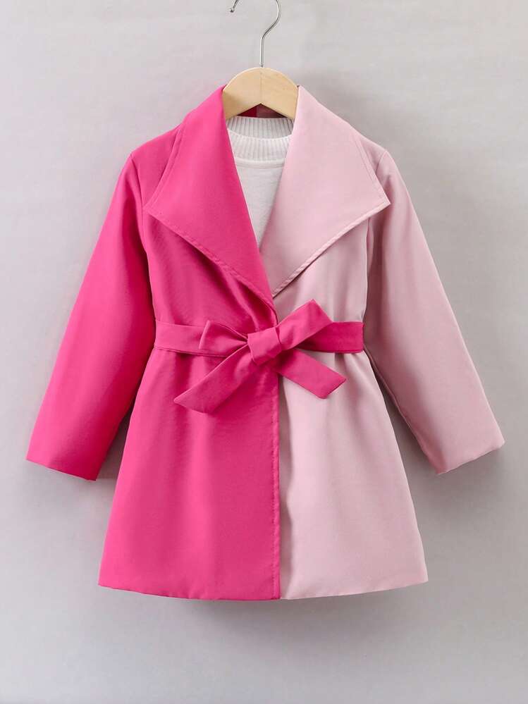 SHEIN Young Girl Two Tone Belted Trench Coat Without Sweater - Multicolor - View 1