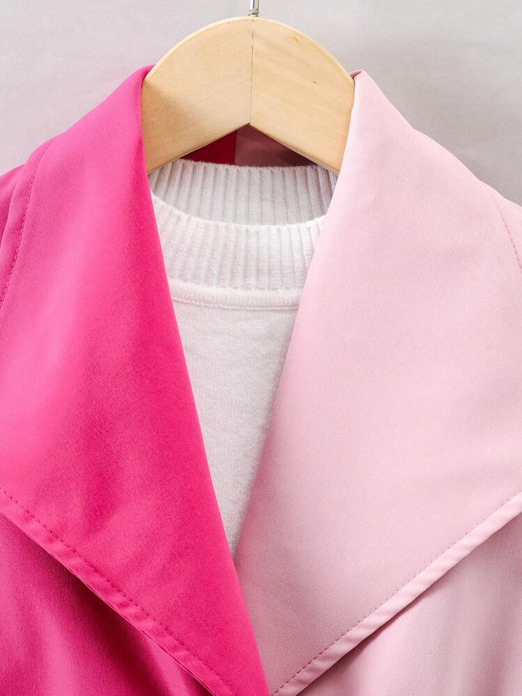 SHEIN Young Girl Two Tone Belted Trench Coat Without Sweater - Multicolor - View 4