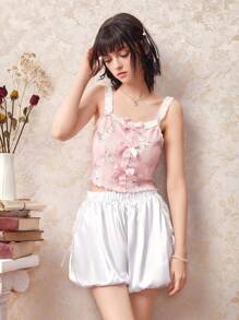 ROMWE Kawaii Lá sen tỉa Đèn lồng Hem Quần đùi bình thường - trắng - Xem 4