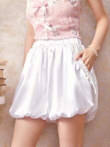 ROMWE Kawaii Lá sen tỉa Đèn lồng Hem Quần đùi bình thường - trắng - Xem 5