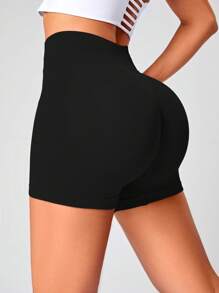 SHEIN Yoga Basic Chất rắn Thắt lưng băng rộng Quần short thể thao - màu đen - Xem 1