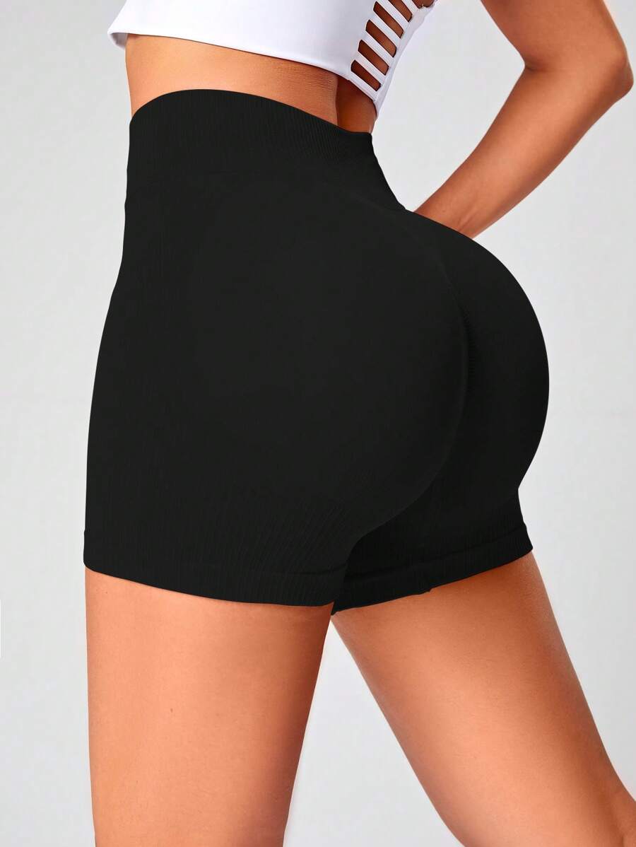 SHEIN Yoga Basic Chất rắn Thắt lưng băng rộng Quần short thể thao - màu đen - Xem 1