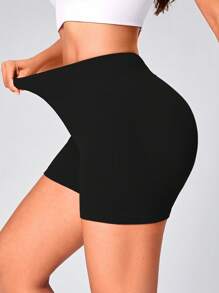 SHEIN Yoga Basic Chất rắn Thắt lưng băng rộng Quần short thể thao - màu đen - Xem 2
