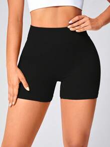 SHEIN Yoga Basic Chất rắn Thắt lưng băng rộng Quần short thể thao - màu đen - Xem 4
