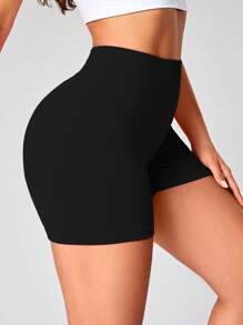 SHEIN Yoga Basic Chất rắn Thắt lưng băng rộng Quần short thể thao - màu đen - Xem 5