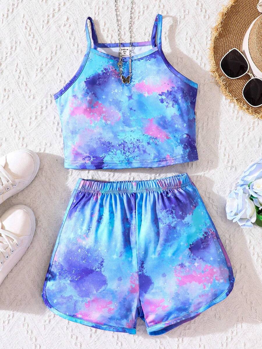 Sparklyn 女大童紮染吊帶背心和短褲 - 藍色 - 查看 1