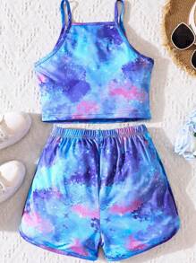 Sparklyn 女大童紮染吊帶背心和短褲 - 藍色 - 查看 2