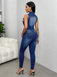 SHEIN SXY Ripped Button Front Denim Jumpsuit - Dark Wash - View 2