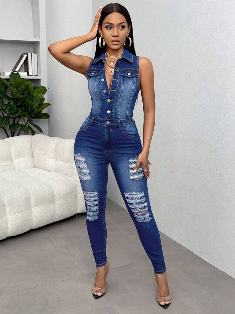 SHEIN SXY Ripped Button Front Denim Jumpsuit | SHEIN USA