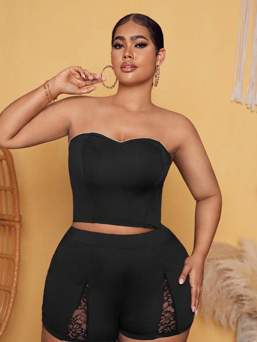 SHEIN SXY Hơn Rhinestone Chi tiết Áo Tube Crop - màu đen - Xem 1