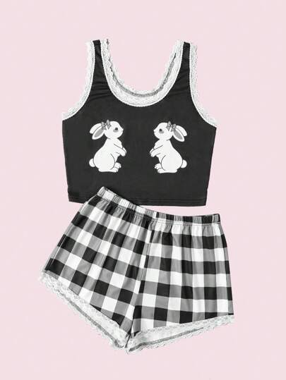 Kawaii Cartoon Graphic Contrast Lace PJ Set