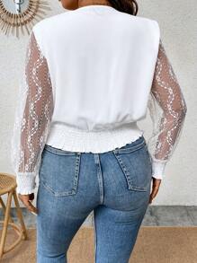 Celure Talla grande Blusa con encaje en contraste de manga farol - Blanco - Ver 2