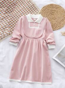 SHEIN Cô Gái Trẻ Viền tương phản Đầm Áo len - Màu Hồng baby - Xem 1