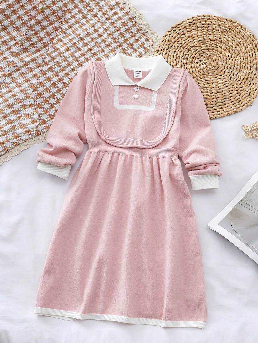 SHEIN Cô Gái Trẻ Viền tương phản Đầm Áo len - Màu Hồng baby - Xem 1