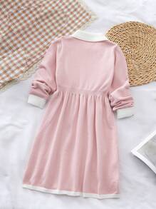 SHEIN Cô Gái Trẻ Viền tương phản Đầm Áo len - Màu Hồng baby - Xem 2