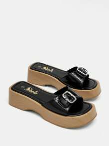 SheIn ICON Dép nữ có khóa trang trí, Dép quai ngang màu đen thời trang - màu đen - Xem 1