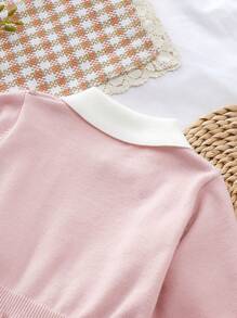 SHEIN Cô Gái Trẻ Viền tương phản Đầm Áo len - Màu Hồng baby - Xem 3
