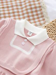 SHEIN Cô Gái Trẻ Viền tương phản Đầm Áo len - Màu Hồng baby - Xem 5