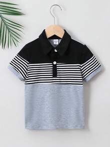 SHEIN garoto jovem Impressão Listrada Bloco De Cores Camiseta Polo