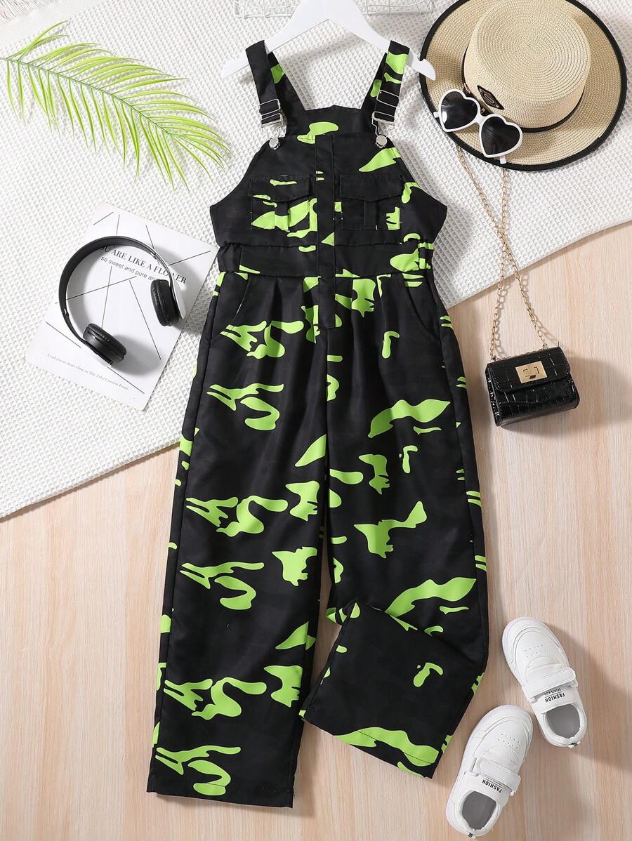 SHEIN 女大童滿版印花雙口袋前背帶連身褲 - 黑色 - 查看 1