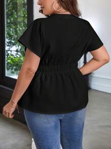 SHEIN Privé Plus Batwing Sleeve Drawstring Waist Peplum Blouse - Black - View 2
