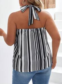 SHEIN Privé Hơn In sọc Crisscross Halter Neck Không lưng Áo sơ mi - Đen và trắng - Xem 2