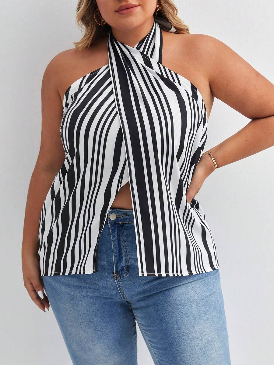 SHEIN Privé Hơn In sọc Crisscross Halter Neck Không lưng Áo sơ mi - Đen và trắng - Xem 1