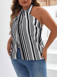 SHEIN Privé Hơn In sọc Crisscross Halter Neck Không lưng Áo sơ mi - Đen và trắng - Xem 4